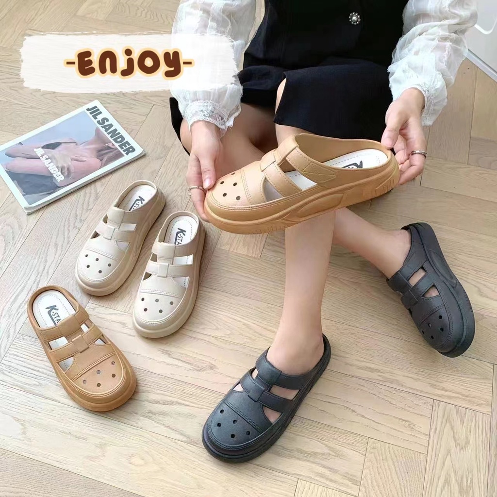 EnJoy พร้อมส่ง (TO-VTV) รองเท้าแตะแบบสวม เปิดส้น ดีเทลลายเส้นเก่ๆ