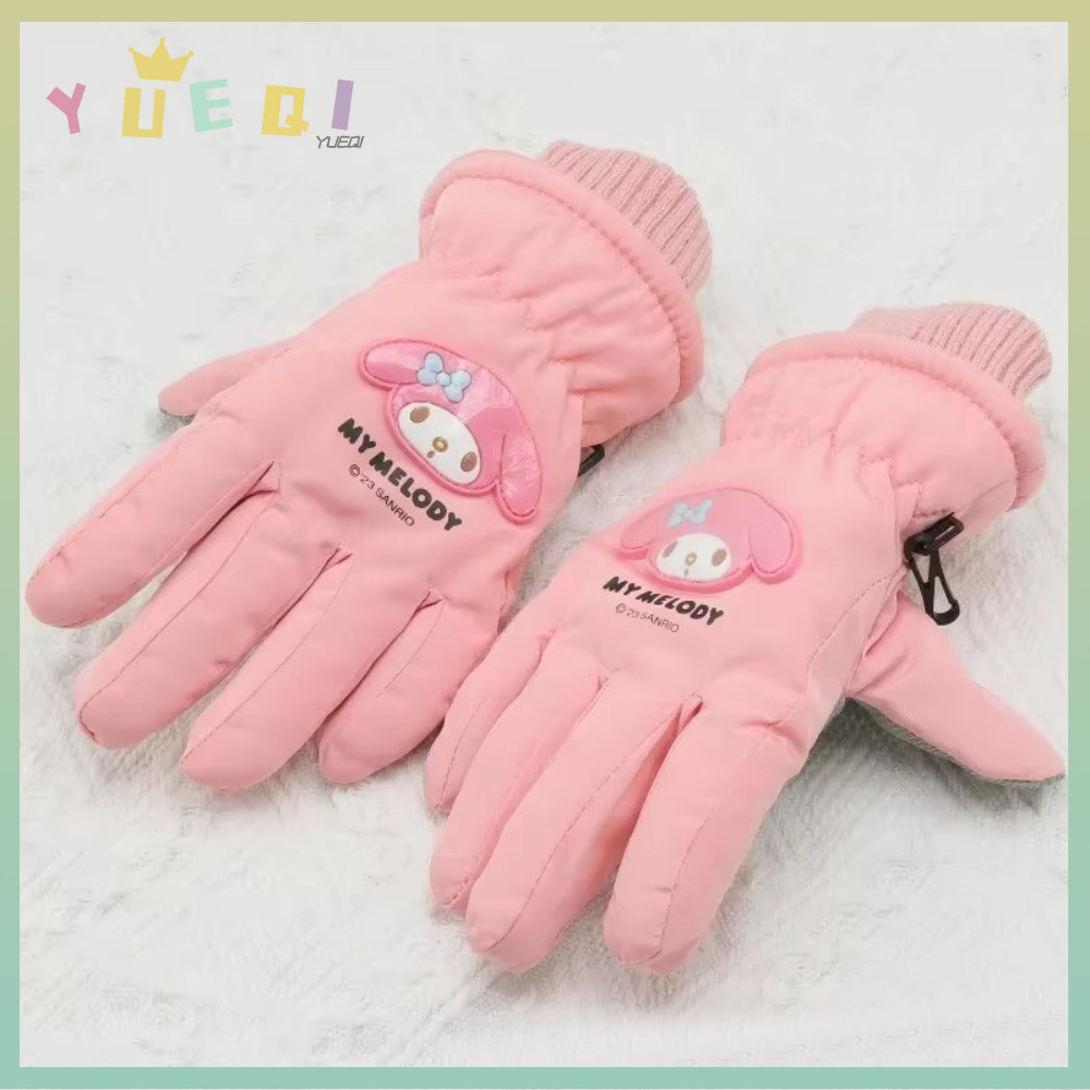 SANRIO หยูฉี ถุงมือสกีเด็ก, ถุงมืออุ่นหนากันลม, อะนิเมะฤดูหนาว ซานริโอ บวก กํามะหยี่ถุงมือห้านิ้ว