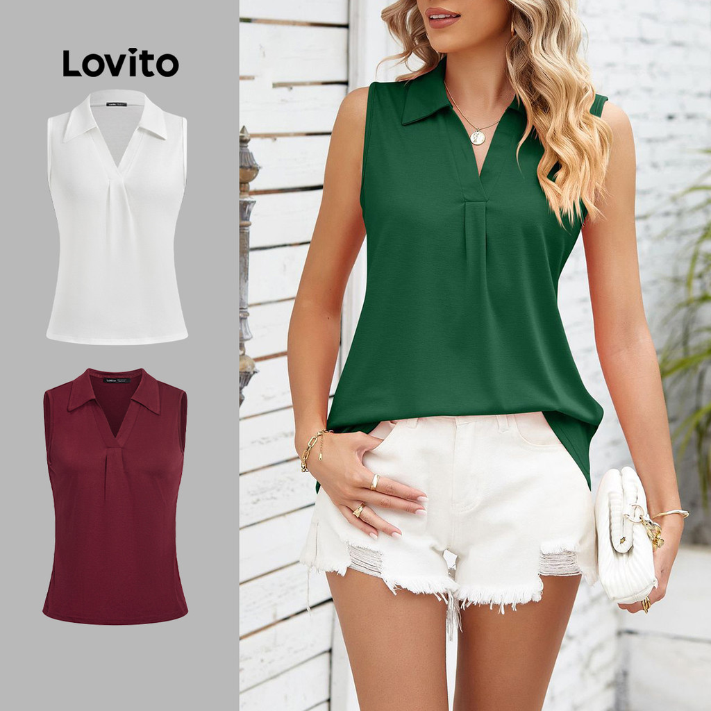 Lovito เสื้อแขนกุดผู้หญิง แต่งจีบ สีพื้น สไตล์ลำลอง LNL43174