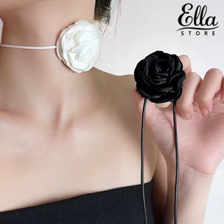 Ellastore123 สร้อยคอโชคเกอร์ ลายดอกกุหลาบ 3D ปรับได้ สีดํา สีขาว สําหรับผู้หญิง