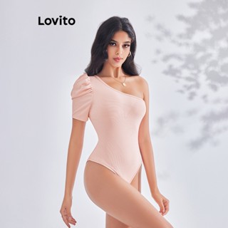 Lovito ชุดบอดี้สูท แขนพัฟ ทรงไม่สมมาตร สง่างาม เรียบหรู สําหรับผู้หญิง LBE03121 (สีชมพู)