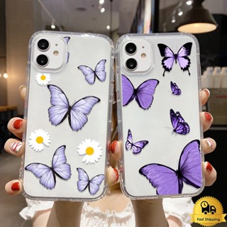 โปร่งใสเคสโทรศัพท์คู่สำหรับไอโฟน 11 12 13 14 15 Pro Max XR 7 6 8 Plus X XS MAX SE ผีเสื้อสีม่วงดำ กันกระแทก เคสใสนุ่ม