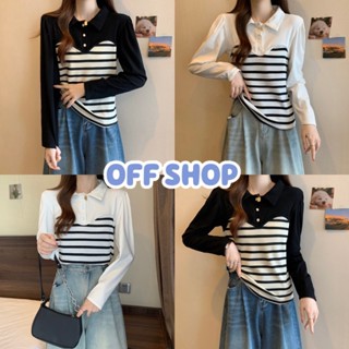 OFF SHOP พร้อมส่ง (OFF-B267) เสื้อคอปกผ้าชีฟอง แขนยาวครึ่งล่างไหมพรม มี 2สี -C