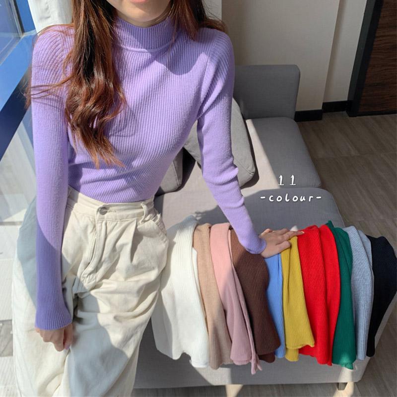 mimi&didi*พร้อมส่ง*เสื้อยืดแฟชั่นรัดรูป เสื้อไหมพรม ผู้หญิง แขนยาว ทรงเข้ารูป สไตล์เกาหลี สีทึบ#901