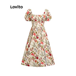 Lovito เดรสโบโฮลายดอกไม้ แขนพอง คอเหลี่ยม สำหรับสตรี L51ED134 (สีส้ม)