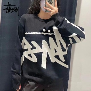 Stüssy ของแท้ 100% เสื้อคาร์ดิแกนกันหนาว คอกลม ผ้าถัก แบบสวมหัว พิมพ์ลายตัวอักษร โลโก้ ขนาดใหญ่ สําหรับผู้ชาย