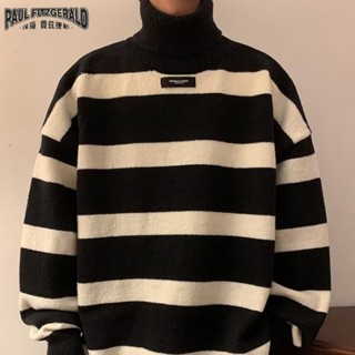 Paul FITZGERALD เสื้อกันหนาว คอเต่า ผ้าถัก ลายทาง สไตล์เกาหลี ระดับไฮเอนด์ หนา สําหรับผู้ชาย