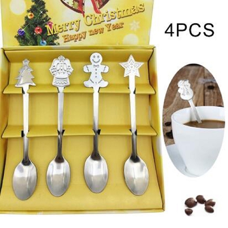 [ร้อน]4ชิ้นสแตนเลสช้อนคนกาแฟ/แฟชั่นเทศกาลช้อนส้อม/คริสต์มาสขนมสลัดช้อนชุด/สร้างสรรค์มนุษย์หิมะกวางบนโต๊ะอาหาร/ต้นคริสต์มาสรูปแบบอาหารเย็น