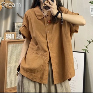 Cotton and linen shirt summer new short-sleeved shirt womens casual solid color loose literary cardigan solid color outer match