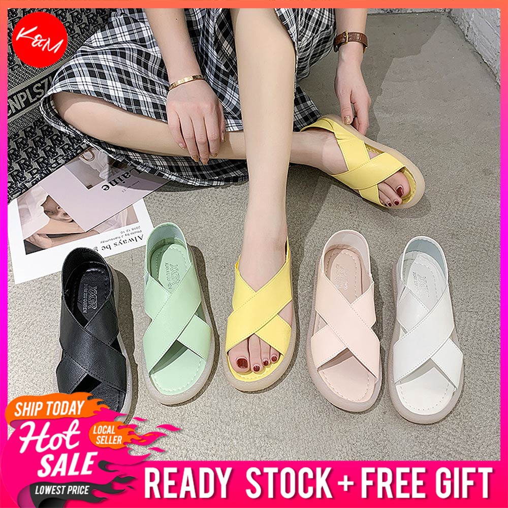 KM Women Sora 2 Ways Cross Flat Sandals Kasut Slippers Flat Shoes Perempuan Wanita [SH31403]