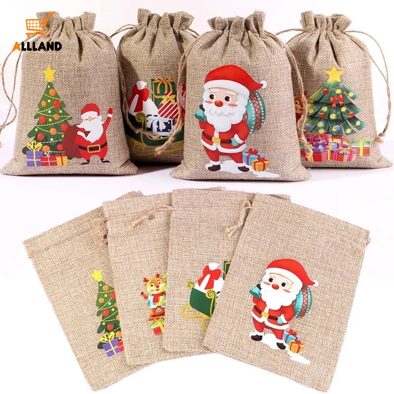 [Xmas Favorite] ถุงขนม ผ้าลินิน ลายคริสต์มาส ซานตาคลอส กวาง คริสต์มาส แบบผูกเชือก