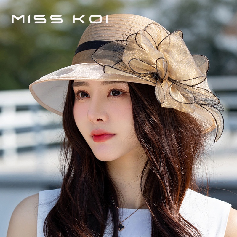 MISSKOI สไตล์คนดังฝรั่งเศสหมวกด้านบนหญิงฤดูร้อนโดมแฟชั่น Retro Organza ดอกไม้สง่างามหมวกปีกขนาดเล็กหมวกถัง