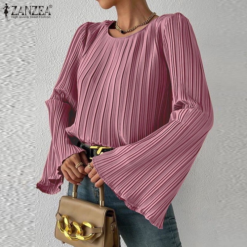 Zanzea เสื้อเบลาส์ลําลอง แขนยาว คอกลม สไตล์ยุโรป สําหรับผู้หญิง - รูปที่ 3