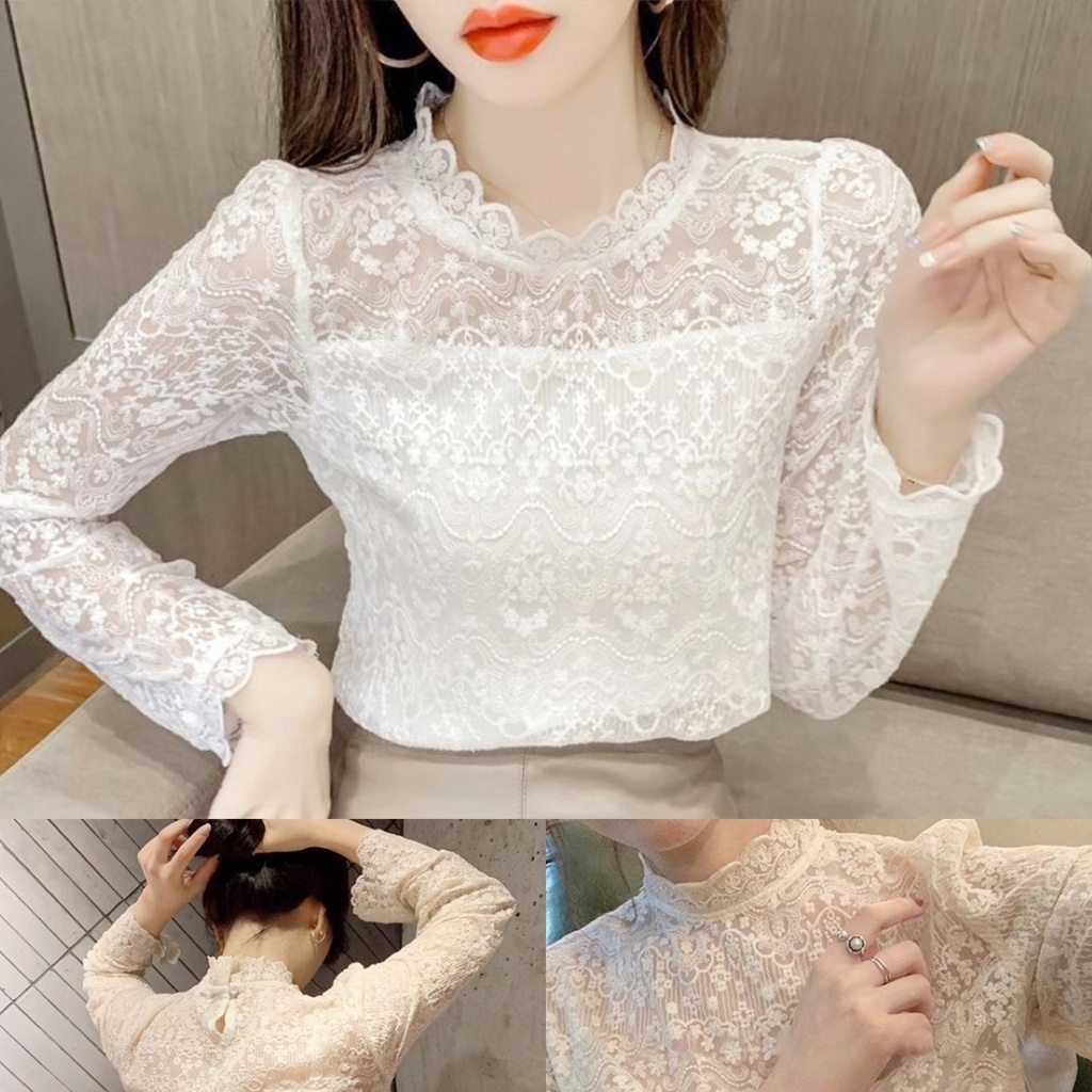 F1 ส่งไว เสื้อแขนยาวฉลุลูกไม้ 2 สี ทรงคอปีนมีกระดุมหลัง ไม่มีซับในให้ค่ะ