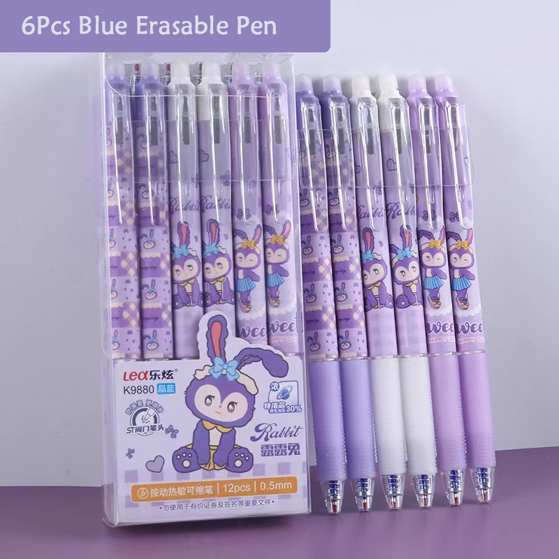 ชุดเครื่องเขียน ปากกาลบได้ ลายการ์ตูนกระต่ายน่ารัก ขนาด 0.5 มม. สีฟ้า จํานวน 6 ชิ้น