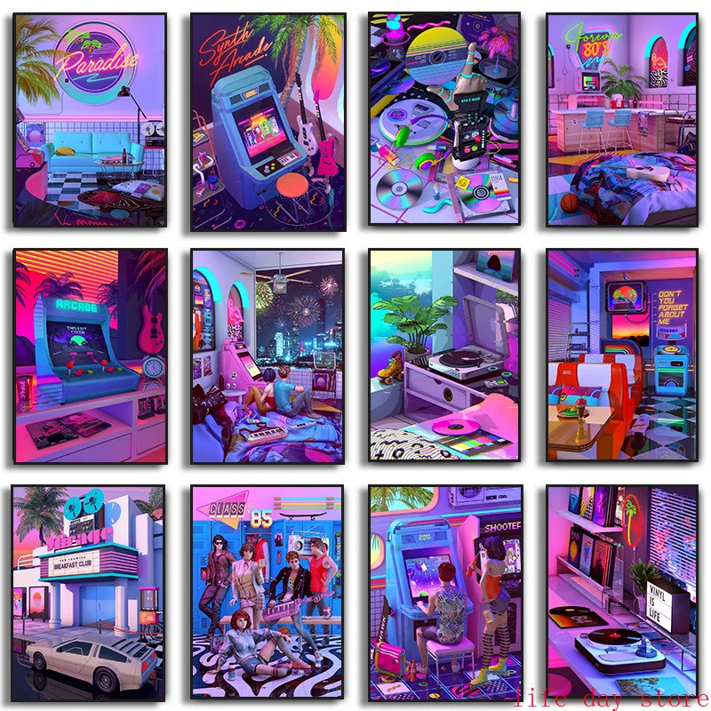 Neon Synthwave 80s Arcade Zone Dream โปสเตอร์ไวนิลบันทึกภาพวาดผ้าใบเกม Playroom Wall Art Cafe Club Room ตกแต่งบ้าน