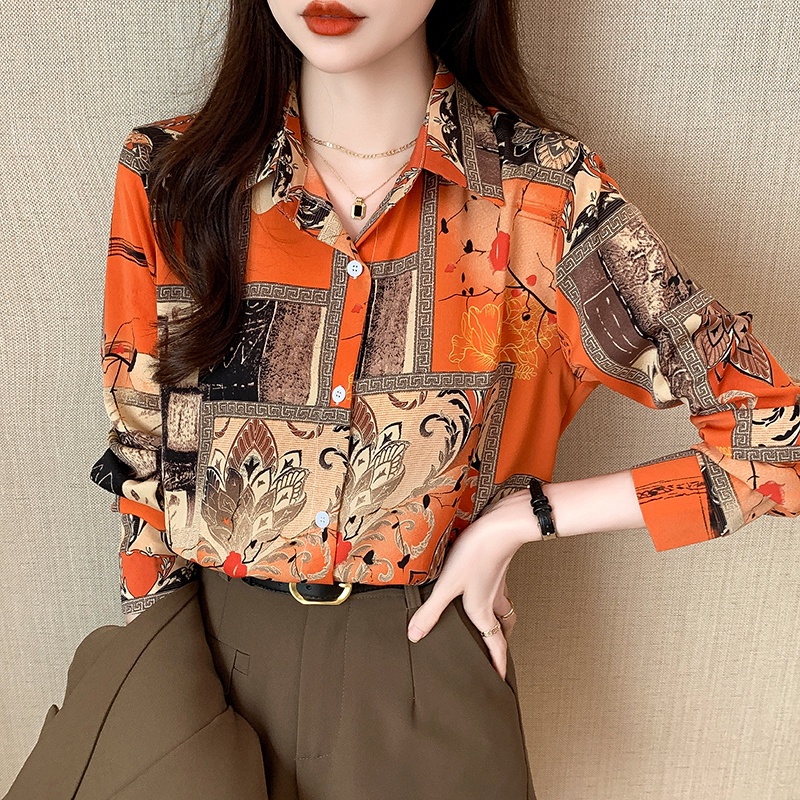 เสื้อเชิ้ตแขนยาว ผ้าชีฟอง และผ้าซาติน พิมพ์ลาย เข้ากับทุกการแต่งกาย สไตล์เรโทร สําหรับผู้หญิง