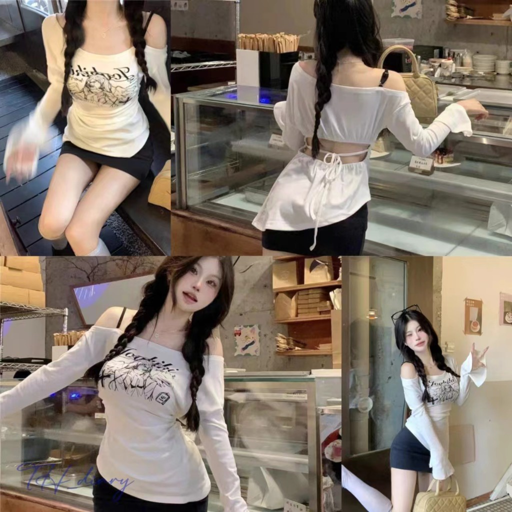 (จัดส่งจากกรุงเทพฯ) พิมพ์แฟชั่น เสื้อยืดแขนยาว เสื้อผ้าผู้หญิง ผอมเพรียว เซ็กซี่ ราคา ถูกที่สุด ดีลบีเคเค