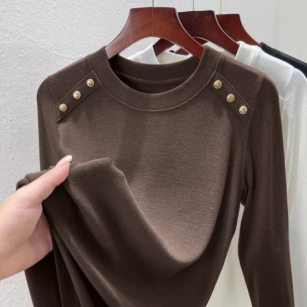 เสื้อยืดแขนยาว คอปกกลาง แต่งด้าย สําหรับผู้หญิง