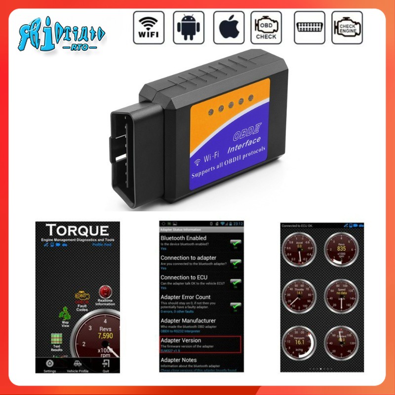 Rto เครื่องสแกนเนอร์วินิจฉัยรถยนต์ บลูทูธ WIFI OBD2 ELM327 V2.1 ELM 327 V1.5 ELM327