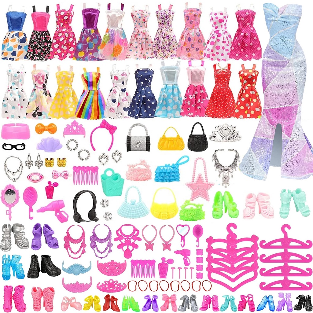 99Pcs Barbies Doll Clothes=10Pcs Mini Dress+89Pcs Accessories Handbags Hangers Glasses For Barbie Do