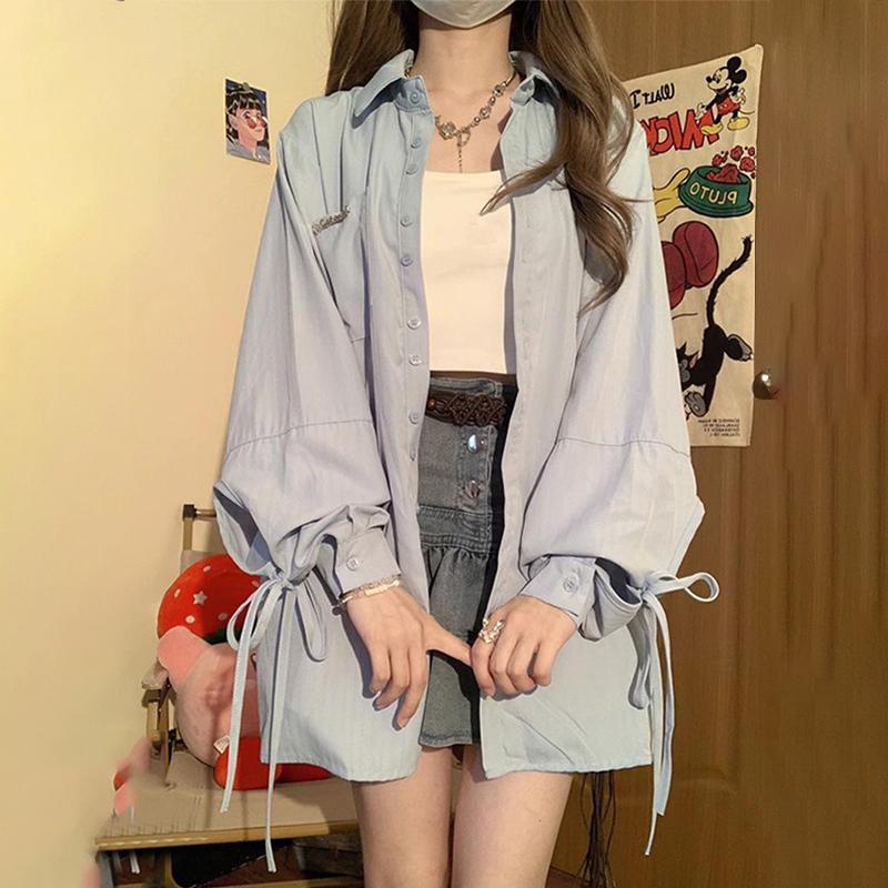 littlebee.shop.W275เสื้อเชิ้ตแขนยาว แบบผูกเชือก สีฟ้า สไตล์ฝรั่งเศส ฮ่องกง สําหรับผู้หญิง