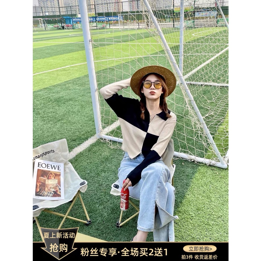 Xiao Miss Leaf Checkerboard เสื้อโปโลถัก มีซิป คาร์ดิแกน ตัวสั้น ทรงหลวม สําหรับผู้หญิง NSOD