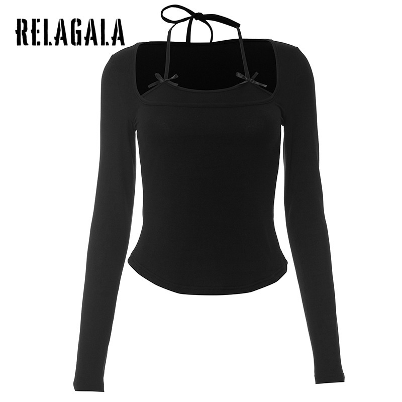 Relagala ใหม่ เสื้อยืดลําลอง แขนยาว คอกลม ประดับโบว์ สีพื้น แฟชั่นสําหรับสตรี 2023
