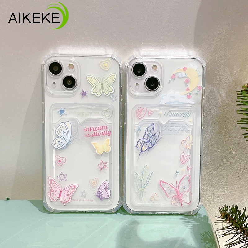 เคสโทรศัพท์มือถือ TPU นิ่ม แบบใส ลายผีเสื้อ ดวงจันทร์ พร้อมช่องใส่บัตร เรียบง่าย สําหรับ iphone 15 14 Plus 15 14 13 12 11 Pro Max Xs Max XR X 8 7 Plus 15Pro 14Pro 13Pro 12Pro
