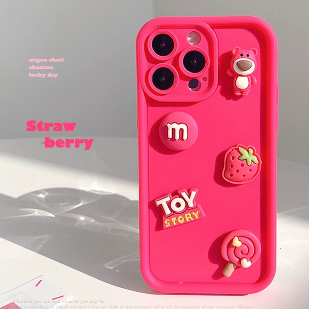 เคสโทรศัพท์มือถือ ซิลิโคนนิ่ม กันกระแทก ลายตุ๊กตาหมีสตรอเบอร์รี่ 3D สําหรับ IPhone 11 15 12 13 14 Pro Max XR X XS XS Max 7 8 Plus 7 8 SE 2020