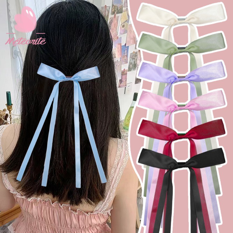 กิ๊บติดผม ริบบิ้นยาว สองชั้น ประดับโบว์ ขนาดใหญ่ สีพื้น สไตล์แฟรี่ สําหรับผู้หญิง