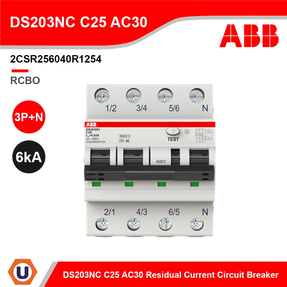 ABB อุปกรณ์ป้องกันไฟรั่วไฟดูด (RCBO) และกระแสไฟเกิน, 3P+N, 30mA, 25A รุ่น DS203NC C25 AC30 l 2CSR256