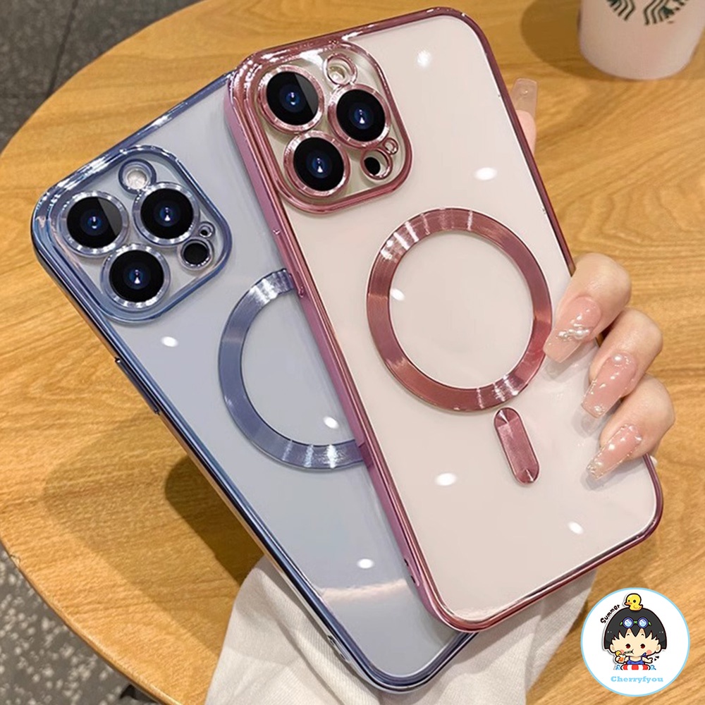 หรูหราแม่เหล็กชุบสําหรับ IPhone 17 16 15 14 13 12 11 Pro Max Plus 17 Rose Gold Electroplating เลนส์ป้องกันกรณีนุ่มโปร่งใสฝาครอบโทรศัพท์