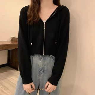 พร้อมส่ง เสื้อครอปมีฮู้ดเเขนยาวสีสันสดใสน่ารักสำหรับผู้หญิง
