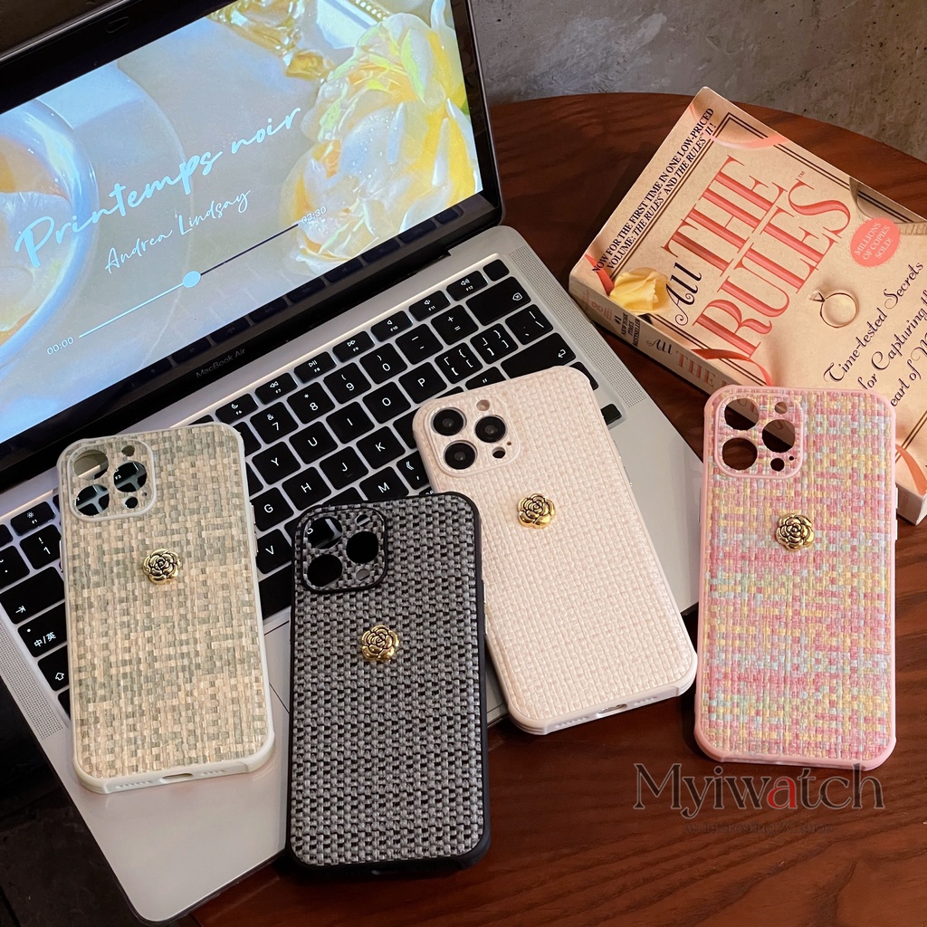 Camellia รูปแบบสานหนังสําหรับ iPhone 16 15 14 13 12 11 Pro Max X XS XR XSMAX ครอบคลุมเต็มรูปแบบเลนส์ป้องกัน Anti Falling ฝาครอบ