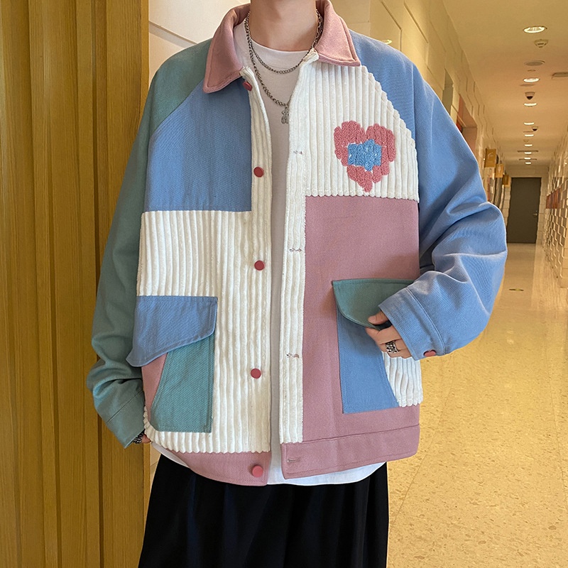เสื้อแจ็คเก็ต Color Block สีพาสเทล สีสวยผ้าดีไม่หนา ทรงหลวมแนวเรโทรใส่ได้ทั้งชายและหญิง