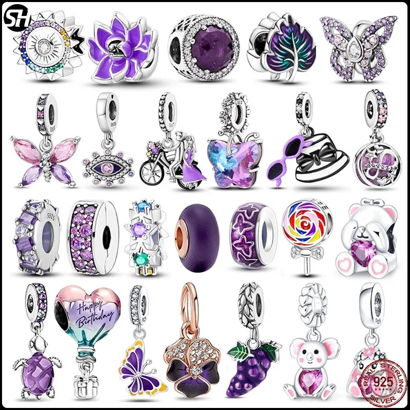 ใหม่ 925 เงินสเตอร์ลิงลูกปัดสีม่วงดอกไม้ Dangle Charm Fit ยี่ห้อสร้อยข้อมือและสร้อยคอเครื่องประดับของขวัญทํา