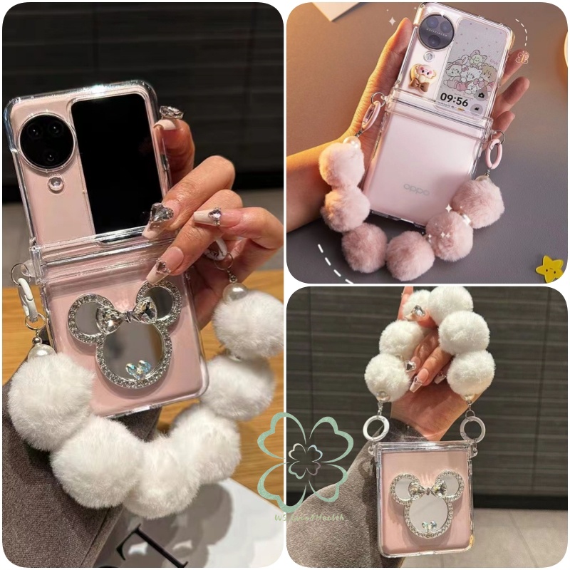 เคสโทรศัพท์มือถือแบบแข็ง ฝาพับกระจกแต่งหน้า ลายหนูน่ารัก พร้อมสายคล้องข้อมือ สําหรับ OPPO Find N3 Flip Findn2 Flip Find N2