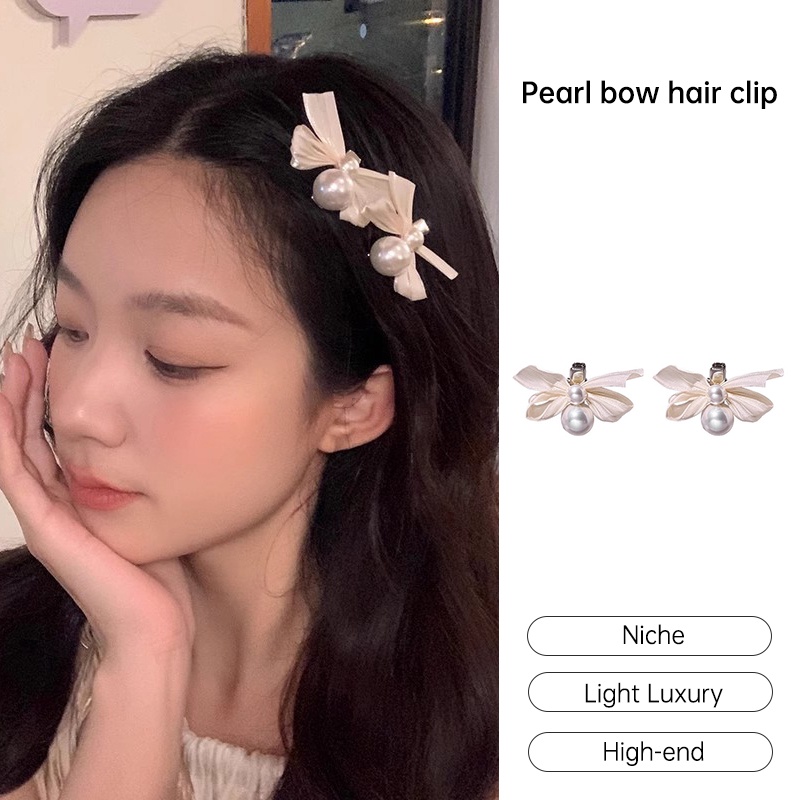 COD🌷ฝรั่งเศสหวาน Headwear เพิร์ลโบว์คลิปผมสำหรับสุภาพสตรีคลิปผมหน้าม้าระดับไฮเอนด์-det