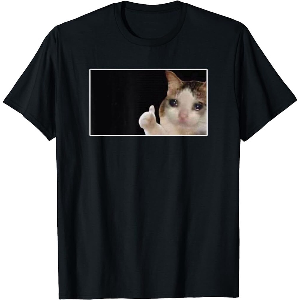 Thumbs Up Crying Cat Meme Sad Cat ตลก Xs-3Xl แฟชั่นผู้ชายเสื้อยืด