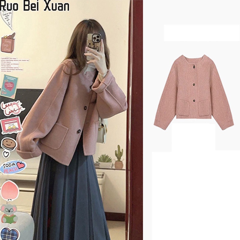 Ruo Bei Xuan เสื้อโค้ทสั้น ผ้าขนสัตว์ สไตล์เกาหลี สําหรับผู้หญิง