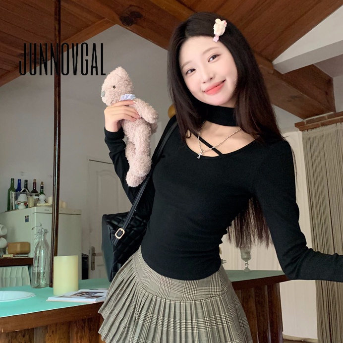 Junnovgal เสื้อยืดแขนยาว สีพื้น เข้ารูป เข้ากับทุกการแต่งกาย แฟชั่นฤดูหนาว สําหรับผู้หญิง 2024