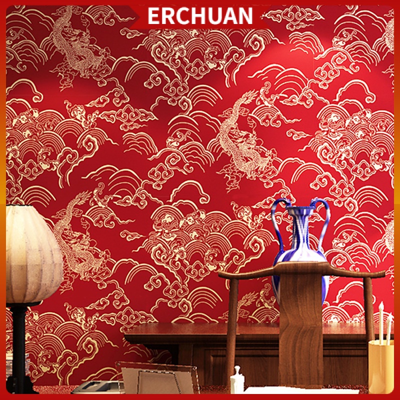 วอลล์เปเปอร์ ลายมังกร สีแดง สไตล์จีนคลาสสิก สําหรับร้านอาหาร ร้านอาหาร