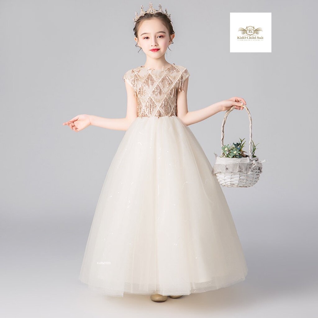 ชุดออกงานเด็ก ชุดแสดงเปียโน Champagne Dress Girls เซท 2 ชิ้น เดรสสีแชมเปน ชุดไปงาน สีครีมทองอ่อน ชุดกระโปรง+ที่คาดผมค...
