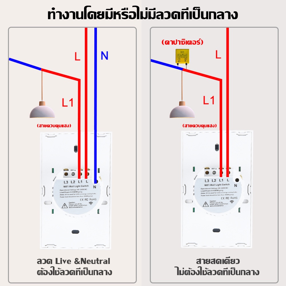 NEW Tuya แป้นสวิตช์ Wi-Fi เปิดปิด ตั้งเวลานอกบ้านได้ผ่านแอป  สั่งด้วยเสียง Google Home/Alexa Smart Wall Touch Switch