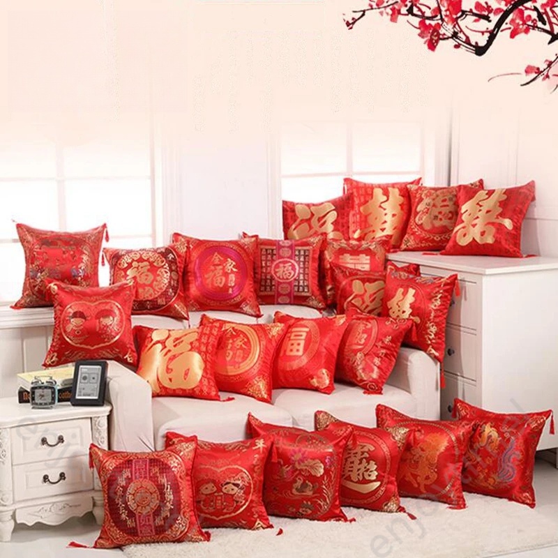 ปลอกหมอนอิง ปักพู่ สีแดง สไตล์จีน ของขวัญวันตรุษจีน สําหรับตกแต่งบ้าน งานแต่งงาน วันวาเลนไทน์