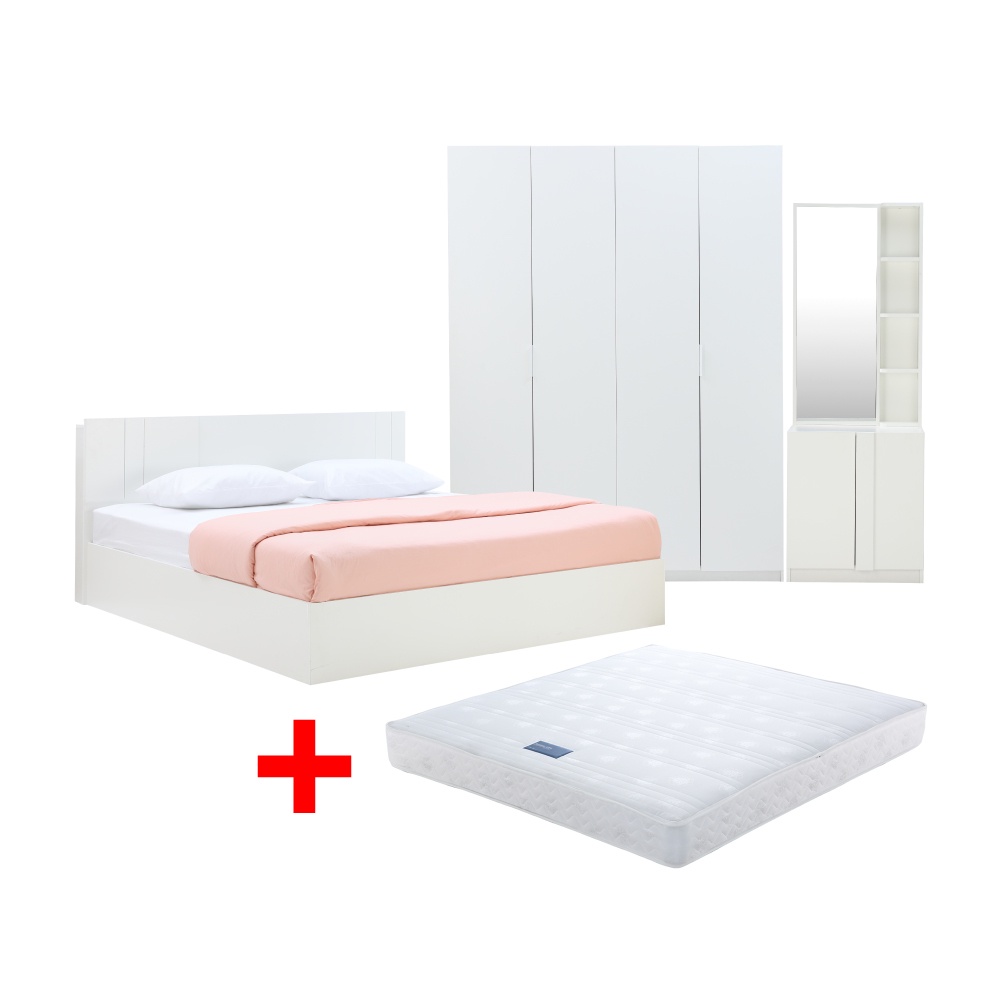 INDEX LIVING MALL ชุดห้องนอน รุ่นเมโลเดียน ขนาด 5 ฟุต (เตียง, ตู้เสื้อผ้า 4 บาน, โต๊ะเครื่องเเป้งแบบยืน, ที่นอน) - สีขาว