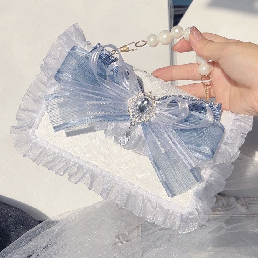 กระเป๋าสะพายข้าง Lolita อเนกประสงค์ ประดับโบว์ลูกไม้ สีเงิน สีฟ้า
