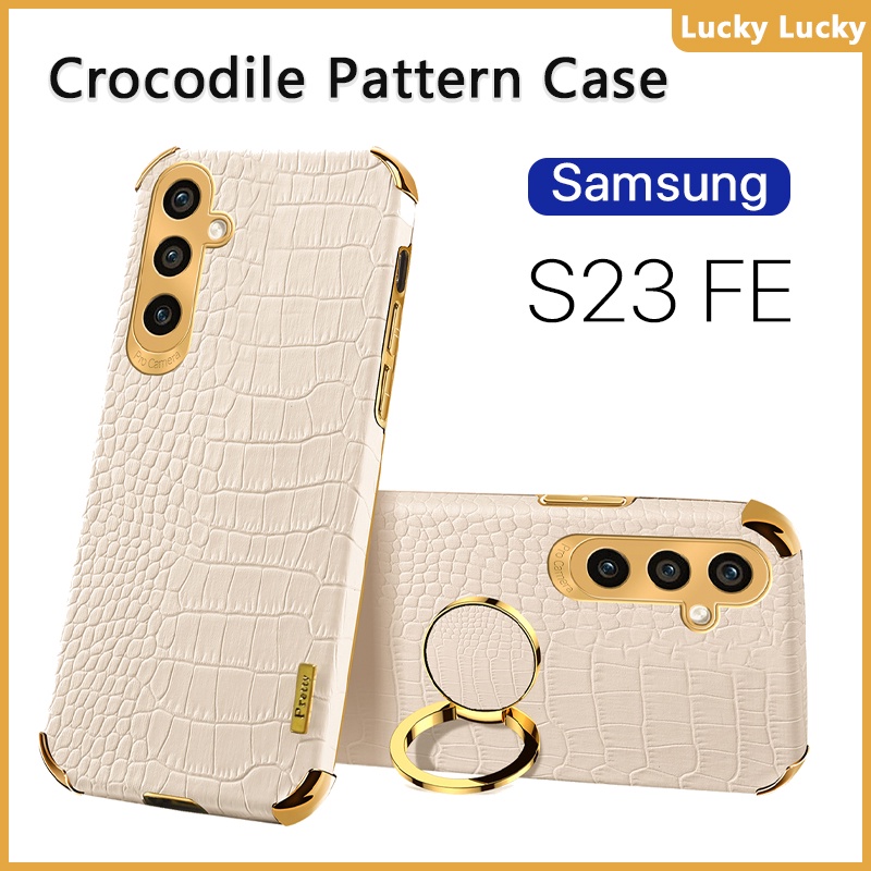 เคส Samsung S23 FE Ultra Plus S24 Ultra Plus นุ่ม ลายจระเข้ ที่วางแหวนนิ้ว ฝาครอบ PU กล้องปกป้องเต็มรูปแบบ ชุบทอง บาง ความรู้สึกที่ยอดเยี่ยม ป้องกันลายนิ้วมือ ซับในกระจายความร้อน