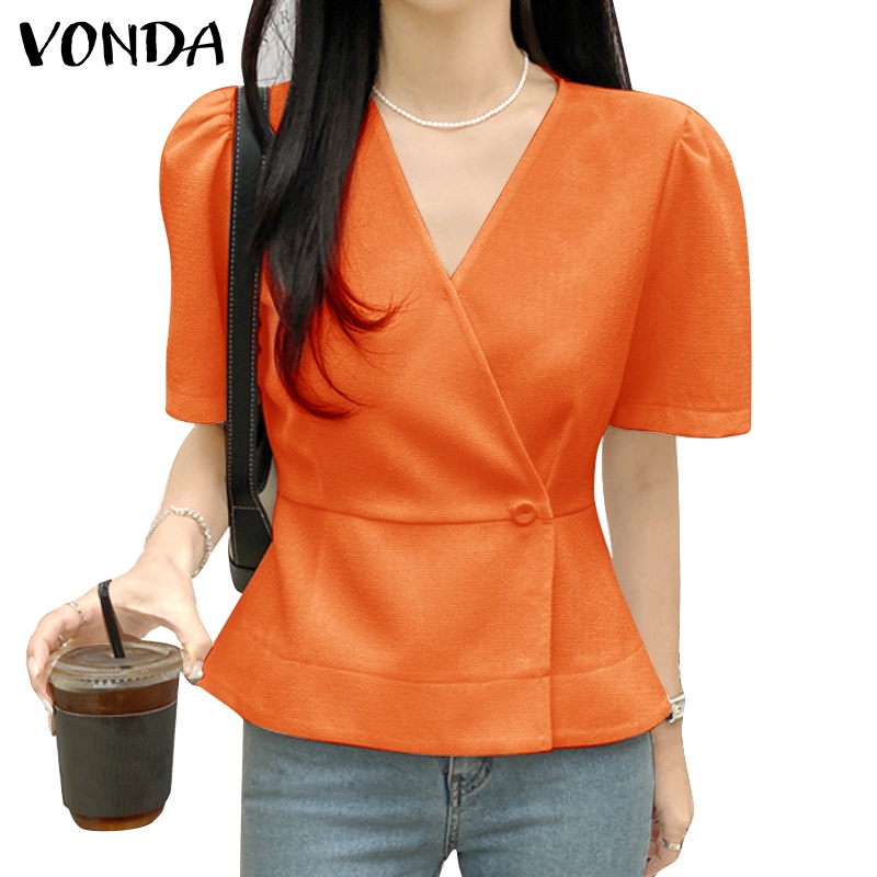 เสื้อเชิ้ตแขนสั้น คอวี แต่งกระดุม สีพื้น สไตล์เกาหลี สําหรับผู้หญิง